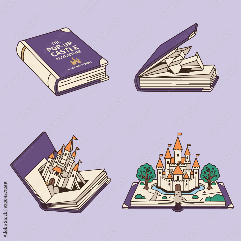 Obraz premium Pop up story book opening sequence set with miniature paper castle and fairy tale adventure illustration
