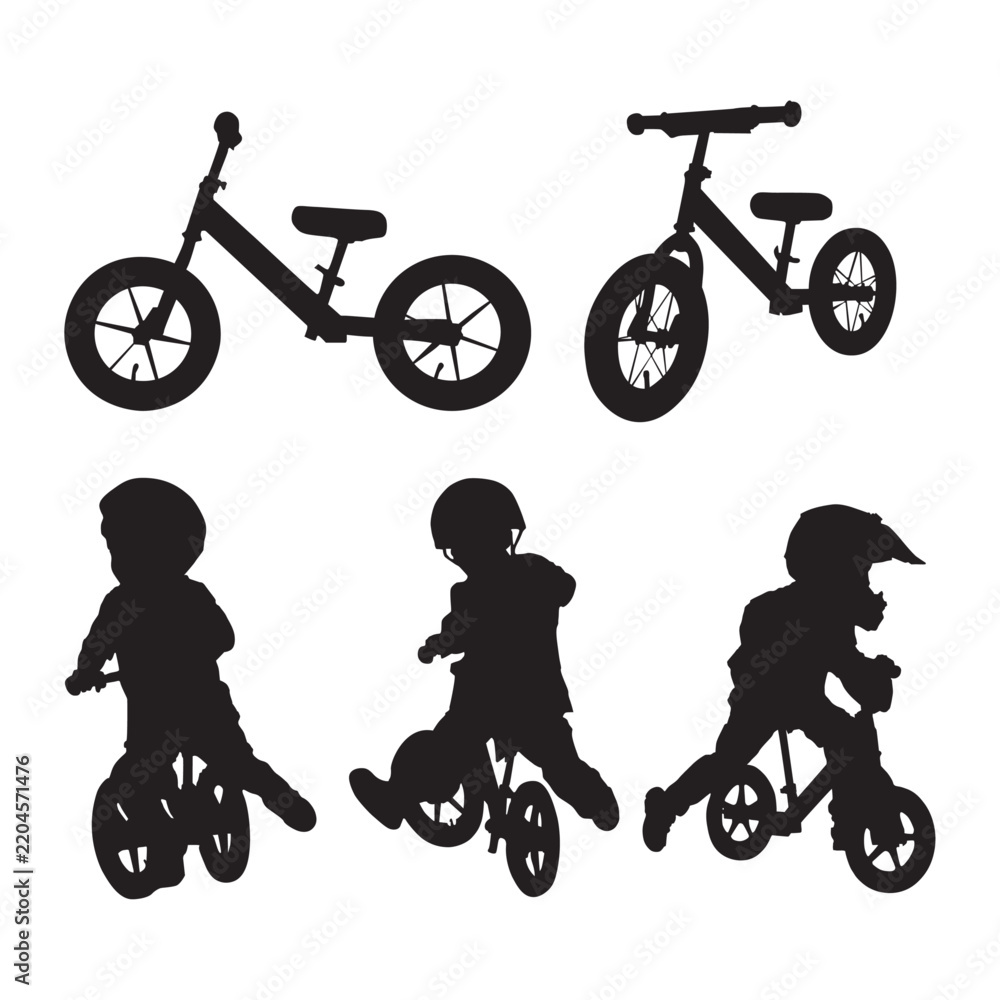 Fototapeta premium A collection of balance bike silhouettes featuring a young child wearing a helmet.