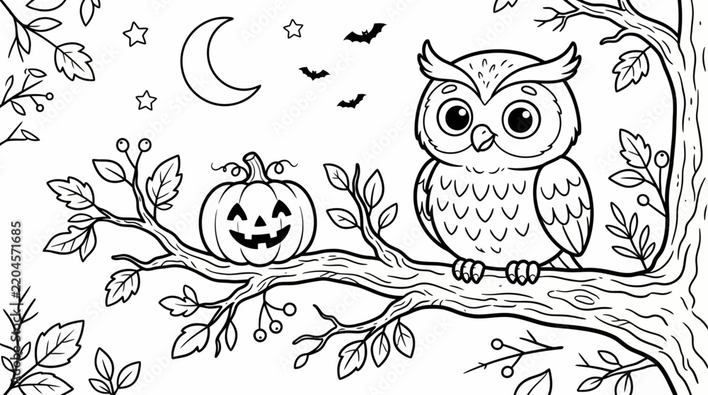 Fototapeta premium Cute Owl on Tree Branch with Halloween Pumpkin Coloring Page