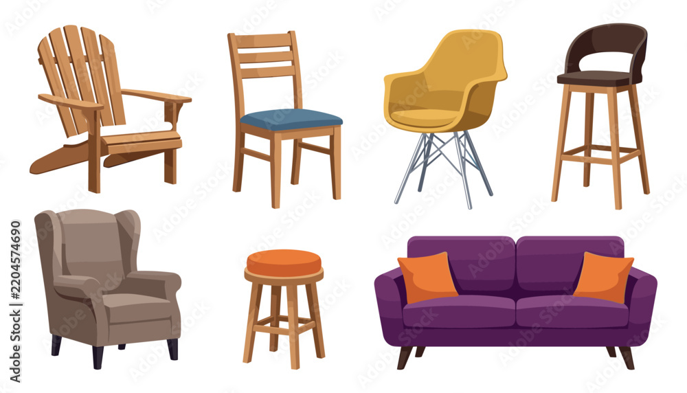 Obraz premium Modern home furniture vector set featuring stylish sofa armchair barstool office and wooden patio chairs interior design illustrations