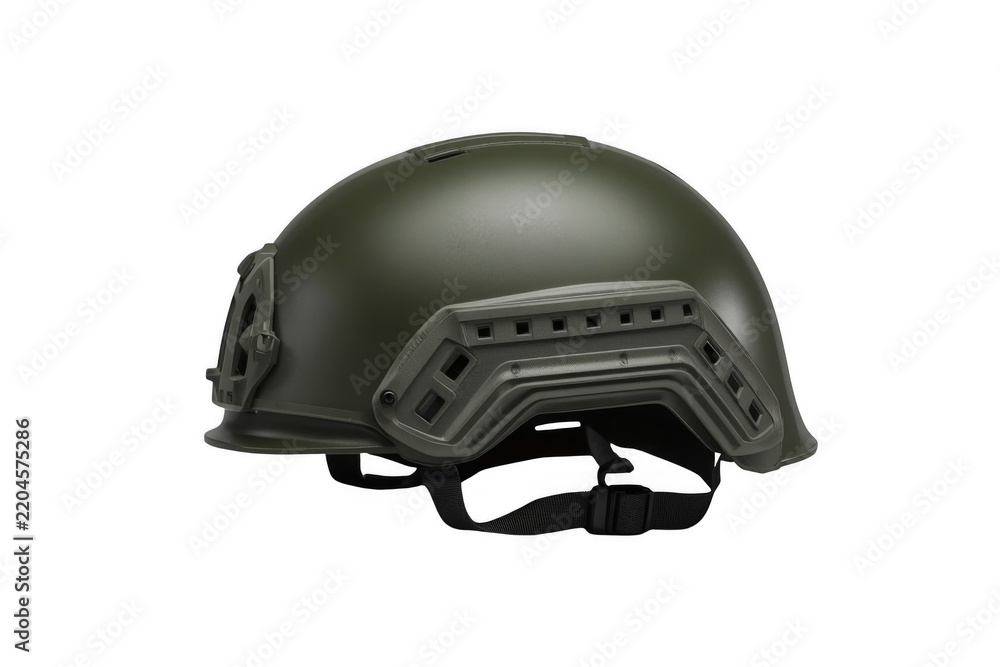 Fototapeta premium Modern Olive Green Tactical Protective Helmet with Side Rails and Chin Strap