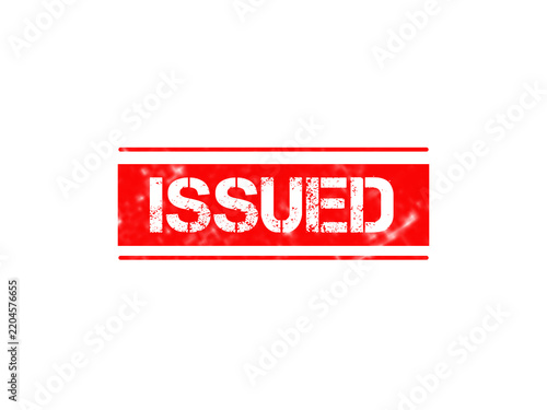 A rectangular red stamp featuring the word issued in white distressed stencil font isolated on a solid black background, for documentation isolated on a transparent background