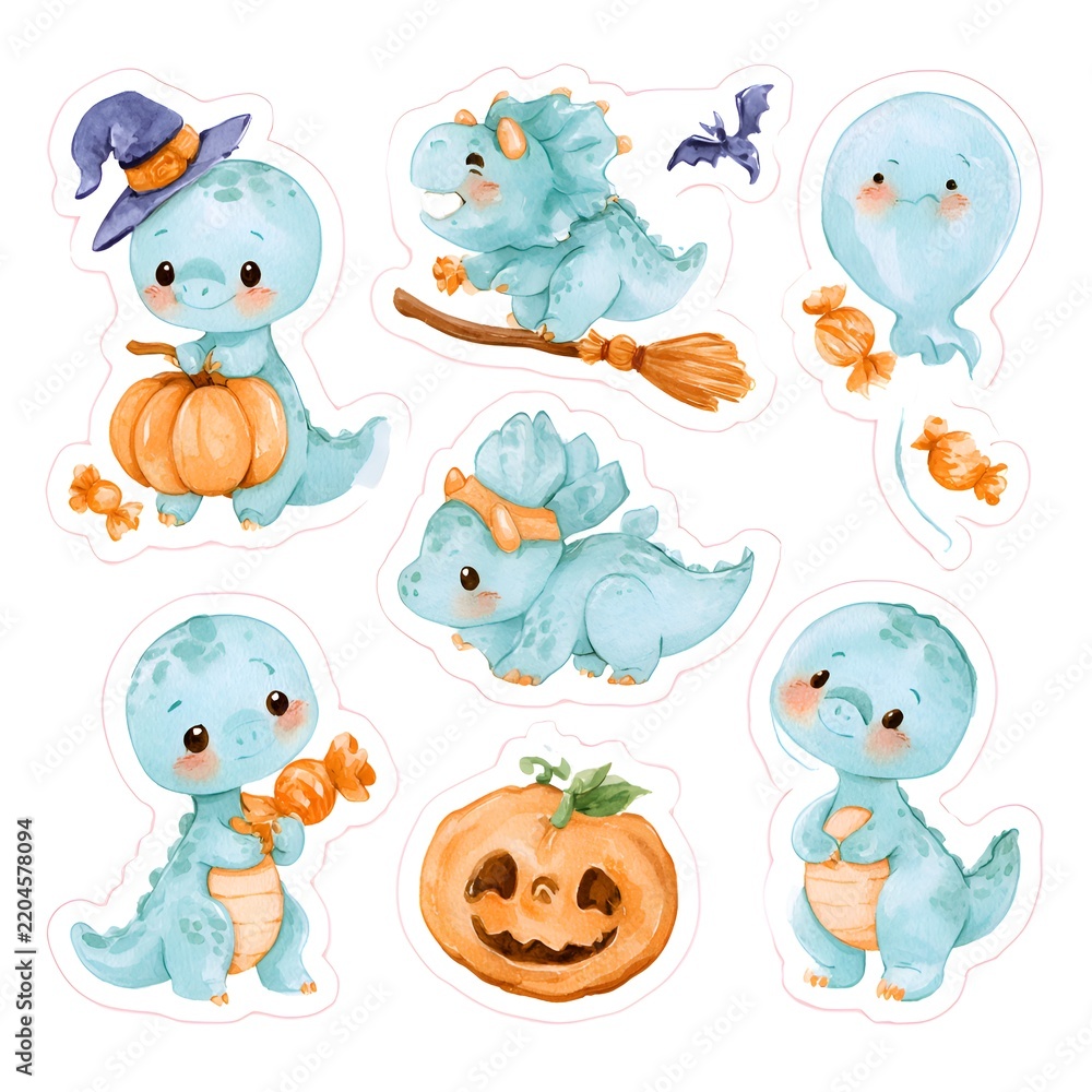 Obraz premium Cute watercolor baby dinosaurs and ghost celebrating Halloween with pumpkins and candy