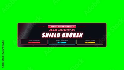 High-tech Shield Break Armor Shattered Alert on Green Screen
