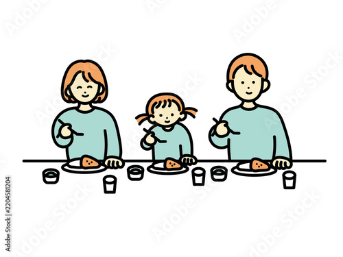 カレーライスを食べる家族3人のイラスト