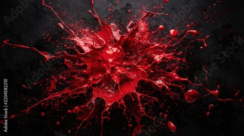 Red paint explosion or splash on a dark surface background   