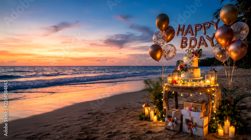 Beach birthday setup with cake balloons and gifts at sunset creates a festive scene