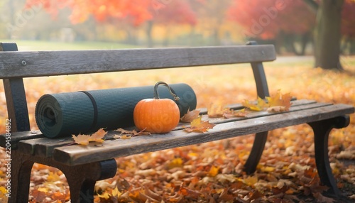 Rolled Yoga Mat and Pumpkin on Wooden Bench in Autumn Park with Fallen Leaves