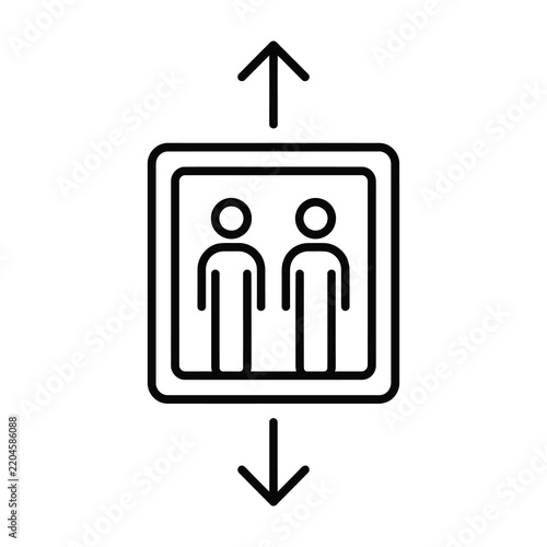 Elevator icon with two people and direction arrows for building navigation signs