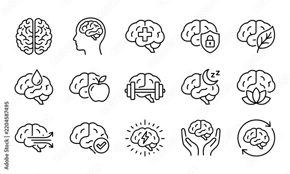 Fototapeta premium A set of thin line icons representing the human brain and mental health concepts for medical and wellness design