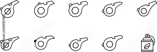 Set of whistle icons in black and white outline for sports design