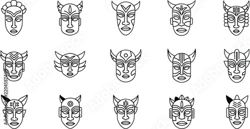 Set of tribal mask icons with horned details for cultural design