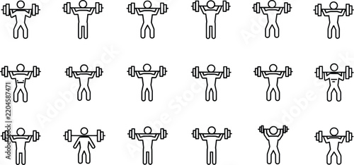 Weightlifting icon set with linear barbell figures for fitness apps