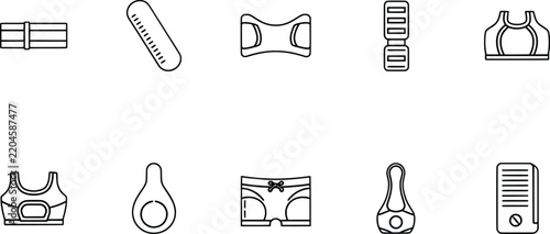 Women fitness clothing and accessory icons in black line art style