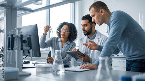 Three scientists in a modern laboratory, reviewing data on a computer screen and discussing results. The scene is bright and focused, showcasing collaboration in scientific research