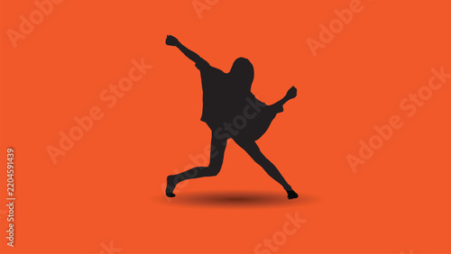 A minimalist vector silhouette of a dynamic female dancer captured mid-performance in an expressive pose with arms outstretched and legs bent on a vibrant orange background
