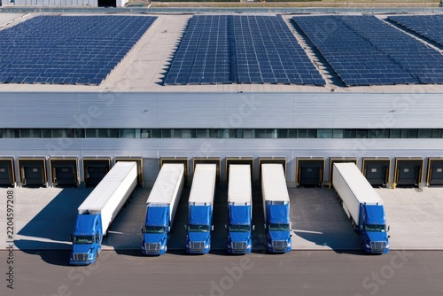 Aerial view of a logistics hub with six blue trucks docked at a warehouse equipped with solar panels on the roof.