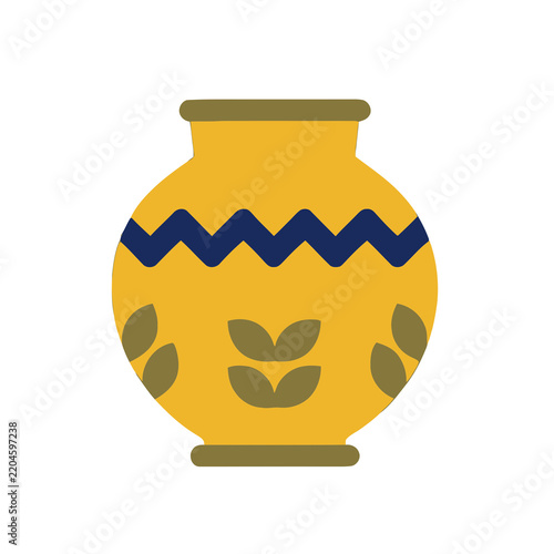 Yellow vase with blue zigzag and leaf pattern