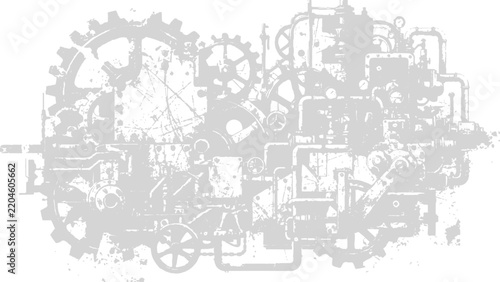 Minimalist doodle white and silver intricate gear mechanism illustration. Carries a light-hearted sketchy charm throughout the design. Great for stationery, banners and packaging design.