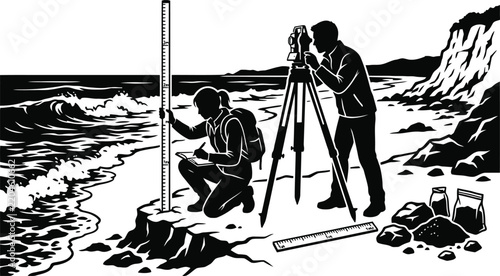 Coastal survey silhouette vector illustration of scientists measuring sea level with leveling staff and total station on beach