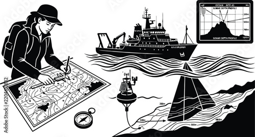 Oceanography silhouette vector illustration showing bathymetry, sonar depth profiling, ship, and researcher analyzing bathymetric map