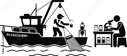 Research vessel silhouette vector illustration with scientists on boat and lab bench