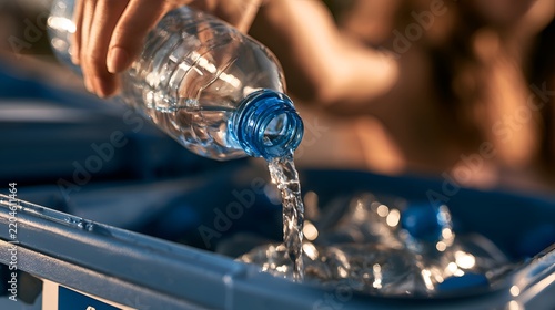 Person pouring water from plastic bottle into recycling bin for sustainability