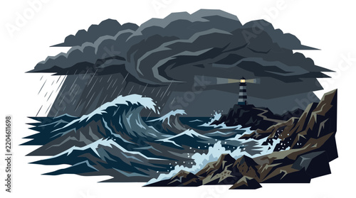 Stormy Ocean Lighthouse Illustration Isolated on White