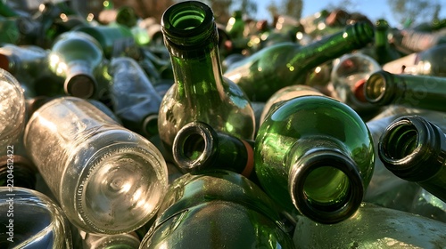 Pile of discarded empty glass bottles in various shades of green and clear