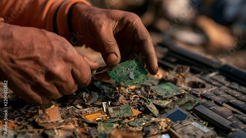 Hands sorting through discarded electronic circuit boards and computer parts