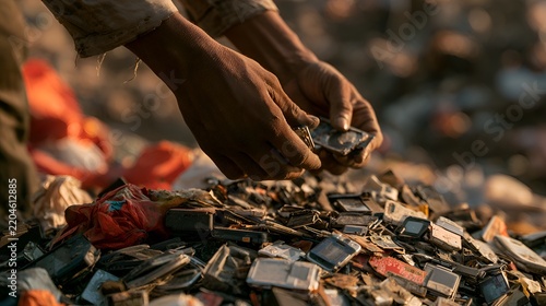 Hands sorting through a pile of discarded electronic devices and waste materials
