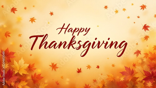 Happy Thanksgiving Calligraphy Autumn Leaves Falling Soft Golden Bokeh Background Vector