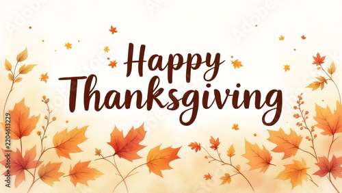 Happy Thanksgiving Watercolor Autumn Leaves Background Calligraphy Festive Greeting Vector