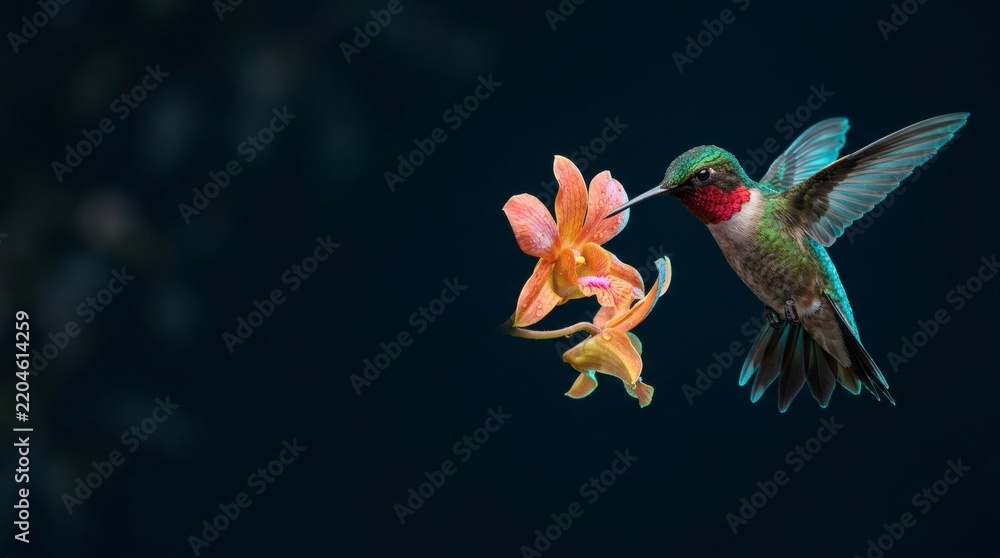 Fototapeta premium Hummingbird with vibrant green and red feathers feeding on an orange orchid.
