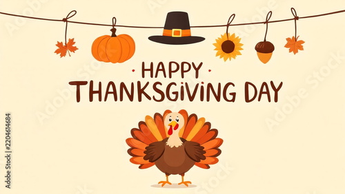 Happy Thanksgiving Day Vector Banner Cute Turkey Garland Pilgrim Hat Pumpkin Light Background   