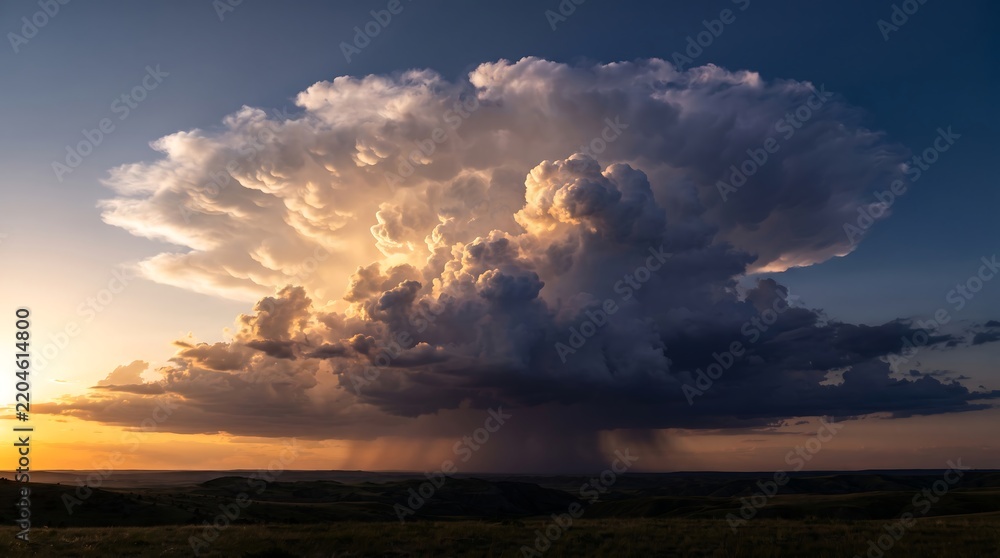 Obraz premium Massive cumulonimbus storm cloud with rain curtains over a vast landscape at sunset cloud formation light rays sky background rain curtain summer storm high altitude