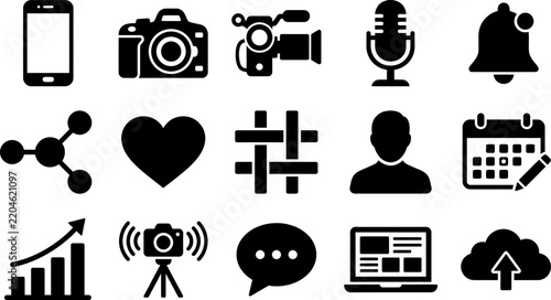 Digital marketing, social media, content creation, and technology vector icons set