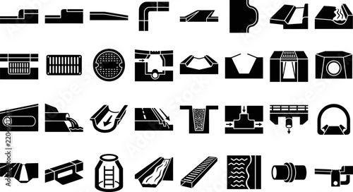 Drainage and stormwater management icons set civil engineering and urban infrastructure silhouettes