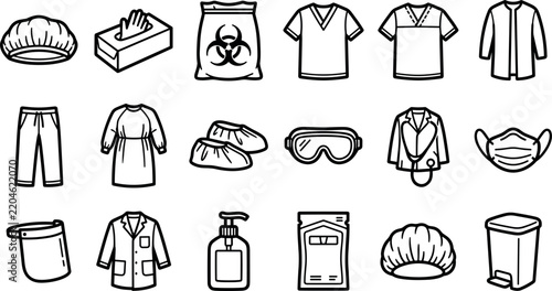 Set of medical protective equipment and personal protective clothing icons