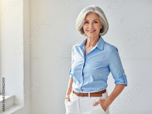 Smiling older woman in light blue blouse