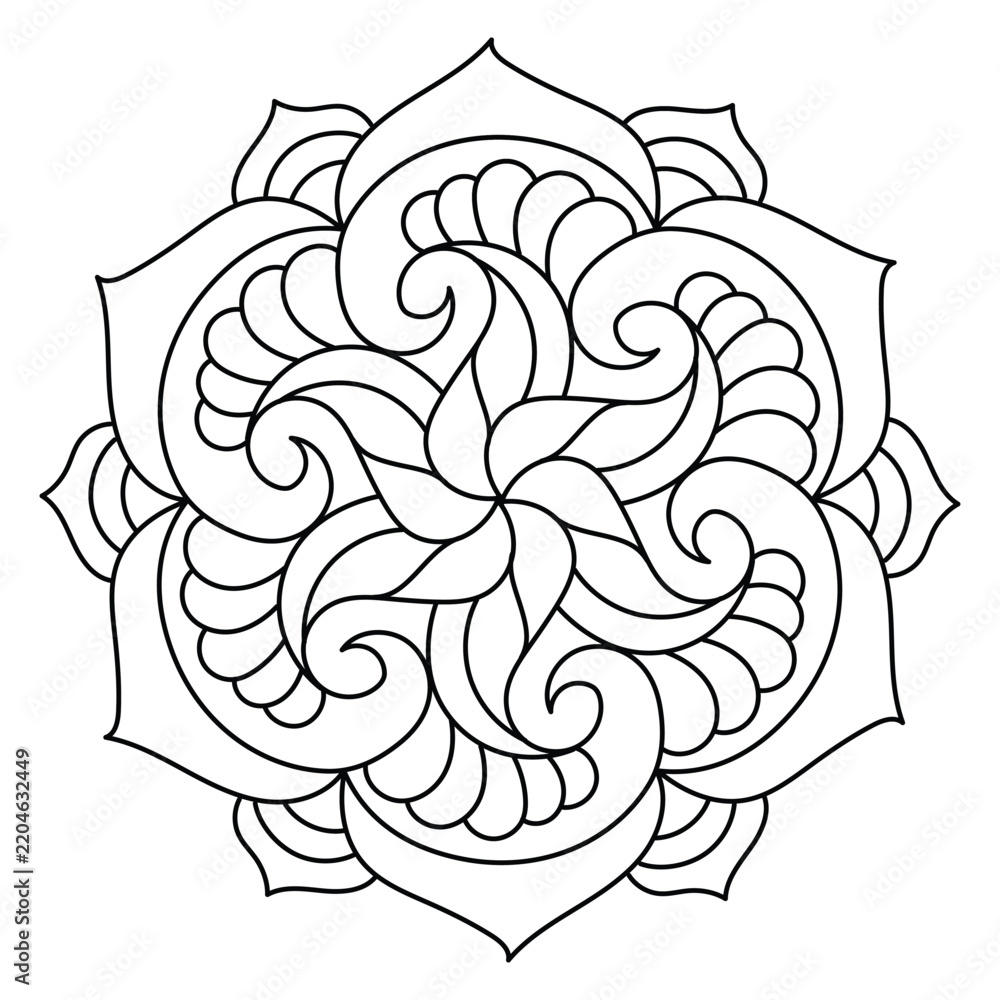 Fototapeta premium Mandala featuring layered paisley curls, rounded floral fans and pointed outer petals creates an ornate relaxing adult coloring page