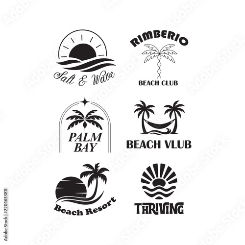 Collection of tropical beach and summer themed logo designs featuring sun, ocean waves, palm trees, beach resorts, and coastal elements. Suitable for travel, tourism, hospitality, resort, vacation