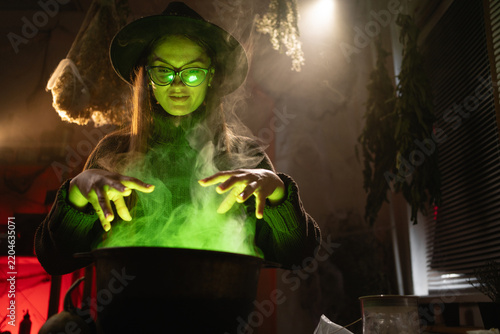 Картината върху платно realistic witch brewing a potion in a cauldron