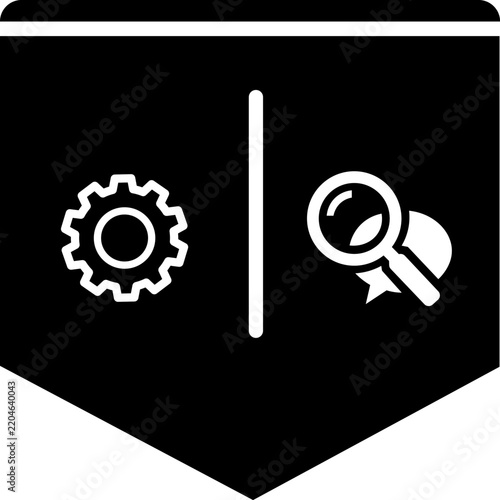 Gear and magnifying glass with ribbon icons separated by a line signifying settings configuration search analysis and quality assurance