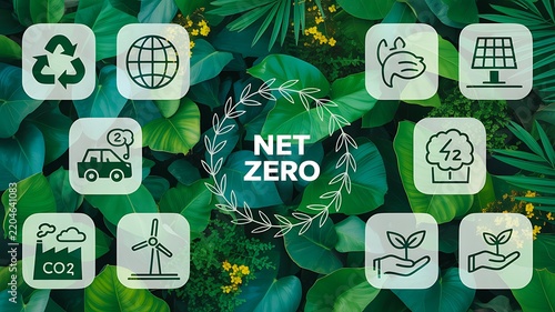 Net zero concept with sustainable technology and environmental icons on green foliage background