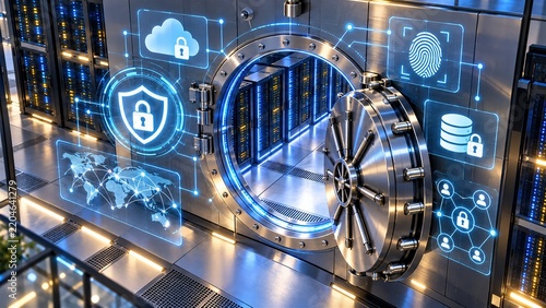 Data center security vault featuring digital infrastructure protection interface and cyber security network guarding server storage systems