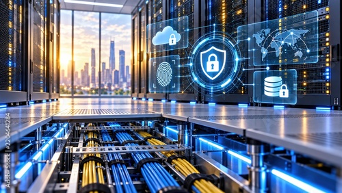 Modern server data center with cyber security protection interface overlaid on computer hardware rack units featuring urban city skyline background view