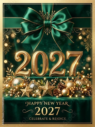 Elegant happy new year 2027 greeting card with gold typography and green satin bow