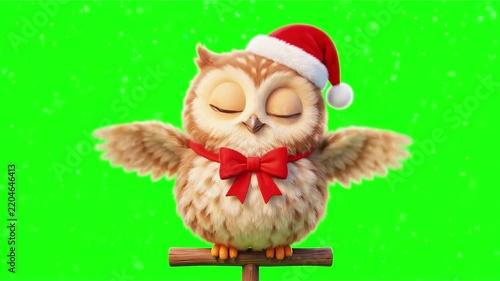 Cute cartoon owl wearing a santa hat and red bow sitting on a wooden perch against green background