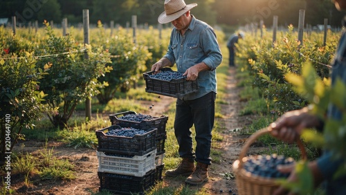 Professional farmer harvesting fresh organic blueberry crops in a sunny field during the summer season for local food market distribution